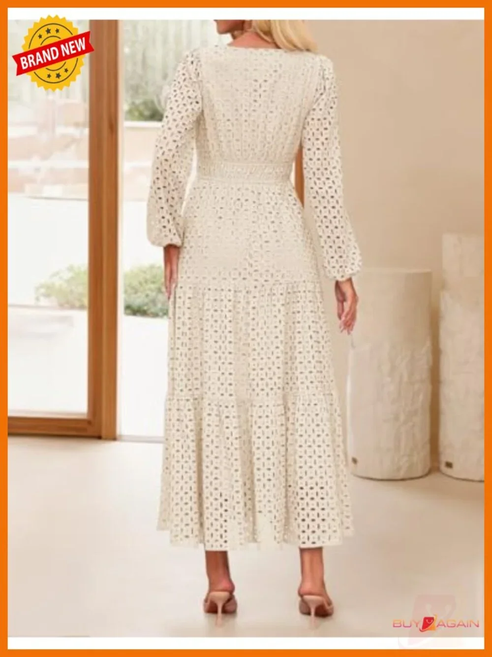 Women's Long Sleeve Eyelet Embroidered Maxi Dress V Neck A-Line Fall
